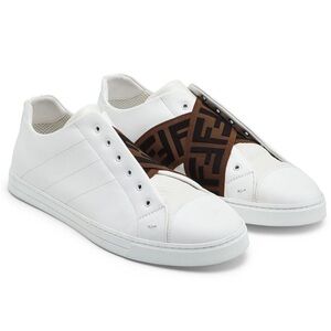 FENDI FF Men’s Slip-on Sneakers Vitello Leather White/ FF Logo Elastic 12